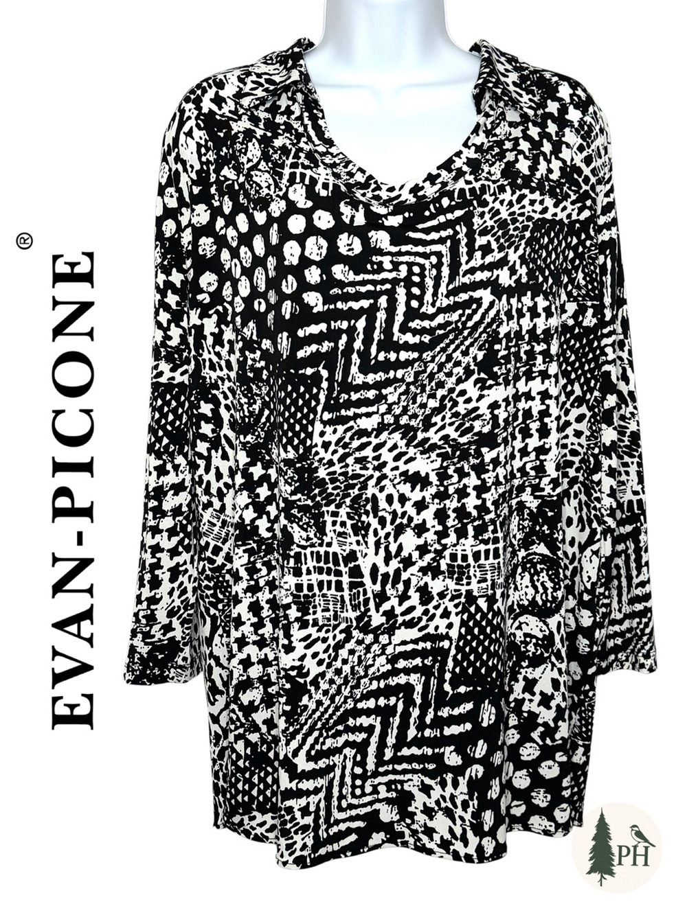 Evan-Picone Top Women’s Medium Black White Abstract Print 3/4 Sleeve Stretch